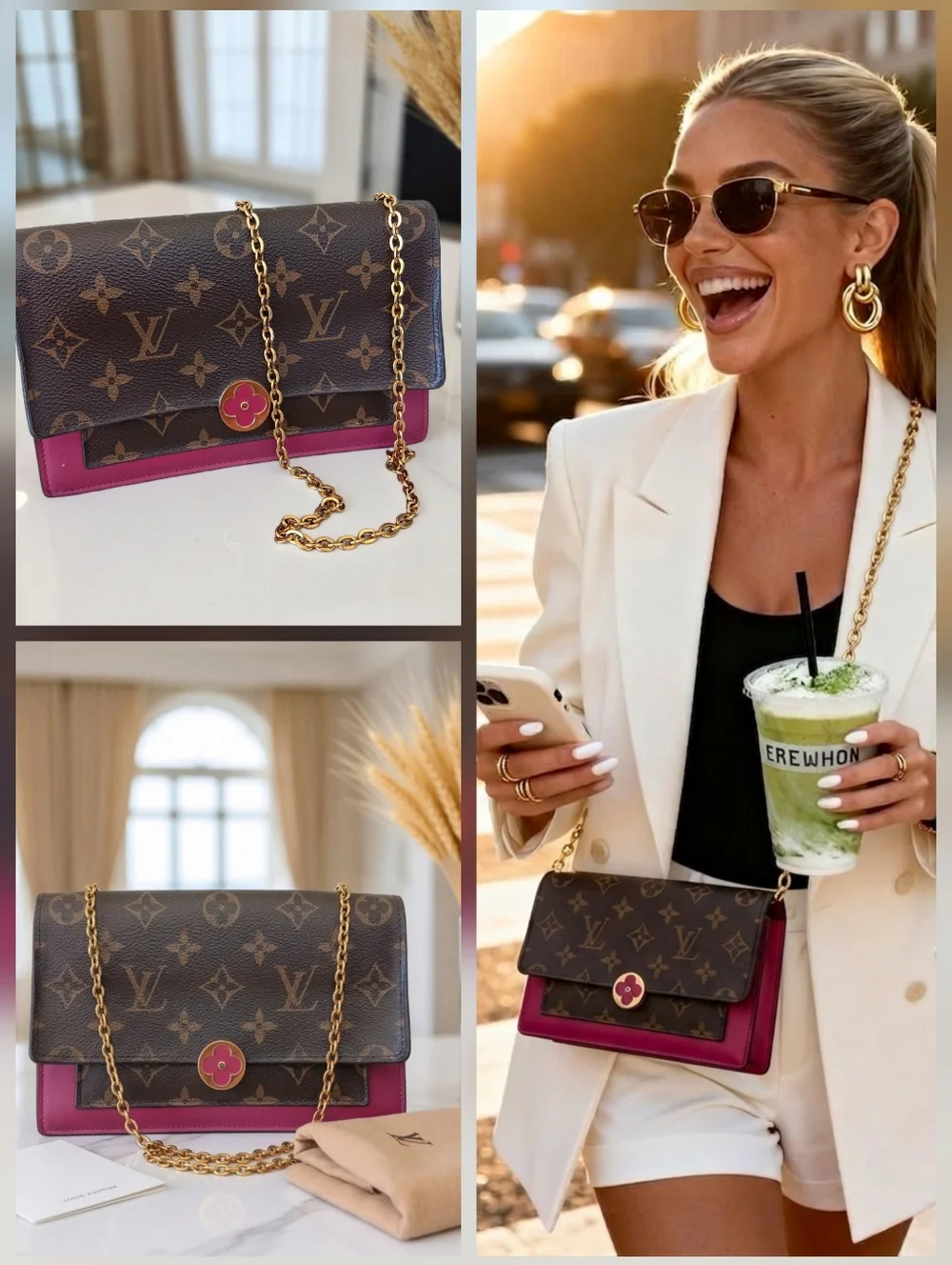 ✅ Louis Vuitton Flore Chain WOC Monogram Fuchsia Crossbody Bag